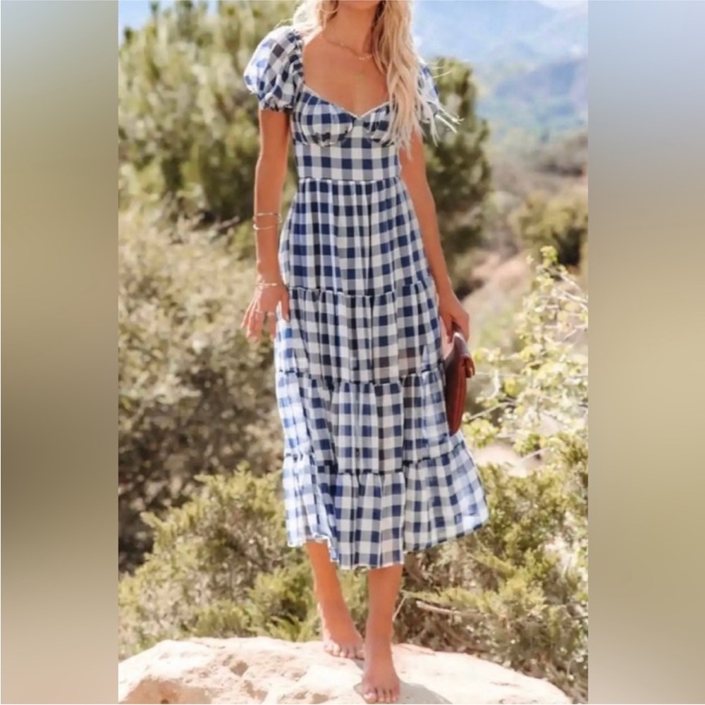 Vici Blue Gingham Cutout Midi Dress - Picture 2 of 5